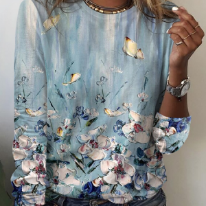 Floral Crew Neck Casual Jersey T-Shirt, T-shirts, color:Blue|size:XXL, Noracora