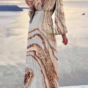 Geometric Long Sleeve V Neck Casual Long sleeve Knit Dress, Maxi, color:Multicolor|size:XXL, Noracora
