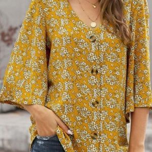 Vintage V Neck Regular Fit Blouse With No, Shirts, color:Khaki|size:XXL, Noracora
