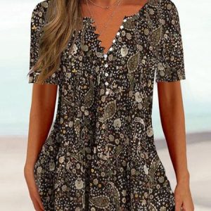 Ethnic Printed Casual Notched Loose Tunic Blouses, Blouses, color:Multicolor|size:XXL, Noracora