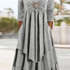 Plus size Jersey Casual Crew Neck Buckle Dress, DRESSES, color:Gray|size:4X, Noracora