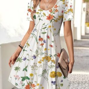 Floral Crew Neck Loose Casual Dress, Short, color:Multicolor|size:XXL, Noracora