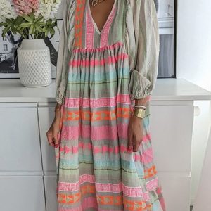 V Neck Casual Loose Dress, Maxi, color:Pink|size:XXL, Noracora