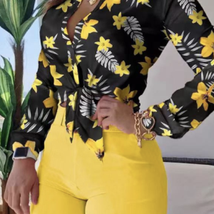 Loose Casual Shirt Collar Floral Two-Piece Set, Sets, color:Black|size:XXL, Noracora