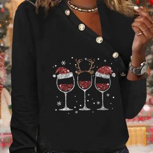 Christmas Glass Casual Buckle Asymmetrical Jersey T-Shirt, T-shirts, color:Black|size:XXL, Noracora