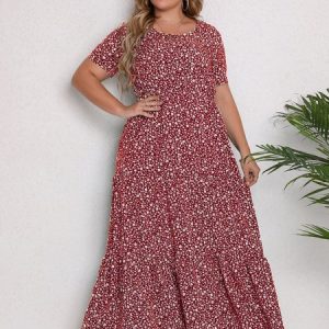 Women's Shift Short Sleeve Floral Crew Neck Weaving Dress, DRESSES, color:Red|size:4X, Noracora