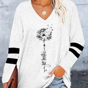 V Neck Dandelion Graphic Long Sleeve Loose Tunic T-Shirt, T-shirts, color:White|size:XXL, Noracora