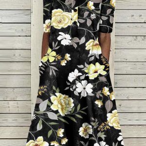 Casual Floral Notched Loose Dress, Midi, color:Black|size:5XL, Noracora
