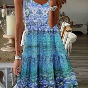 Casual Regular Fit Crew Neck Floral Dress, Short, color:Blue|size:XXL, Noracora