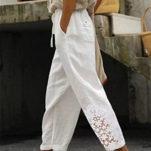 Loose Cotton Casual Patchwork lace Pants, Pants, color:White|size:3XL, Noracora
