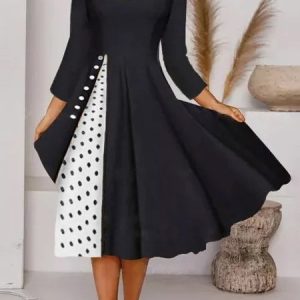 A-Line Casual 3/4 Sleeve Bateau/Boat Neck Knitting Dress, Midi, color:Black White|size:3XL, Noracora