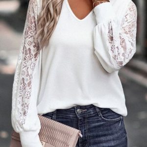 Loose Casual Jersey Plain Patchwork lace Top, Blouses, color:White|size:XXL, Noracora