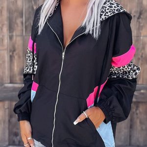Casual Color Block Hoodie Loose Jacket, Jackets, color:Black|size:XXL, Noracora
