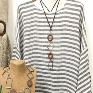Vintage Striped Long Sleeve Casual Top, Blouses, color:Gray|size:3XL, Noracora