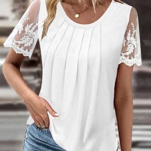 Loose Plain Crew Neck Casual T-Shirt, T-shirts, color:White|size:XXL, Noracora