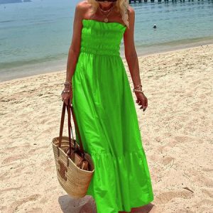 Casual Strapless Plain Loose Dress, Maxi, color:Green|size:XL, Noracora