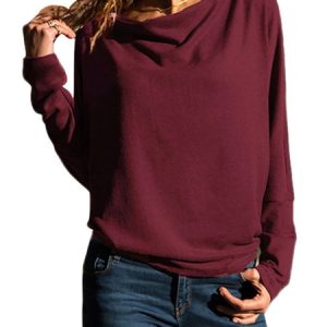 Basics Solid Long Sleeve Top, Blouses, color:Wine Red|size:XXL, Noracora