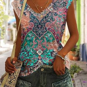 Vintage Loose V Neck Tank Top, Tanks & Camis, color:Green|size:XXL, Noracora