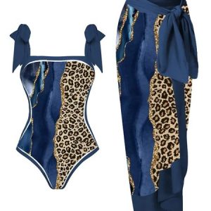 Square Neck Casual Leopard One Piece With Cover Up, Swimsuit with Cover Ups, color:Blue|size:S, Noracora