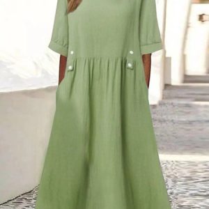 Loose Plain Crew Neck Casual Dress, Maxi, color:Aqua|size:3XL, Noracora