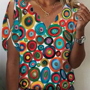 Abstract Graphic Short Sleeve Casual Shirt, Blouses, color:Multicolor|size:XXL, Noracora