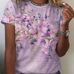 Floral Crew Neck Loose Casual T-Shirt, T-shirts, color:Purple|size:3XL, Noracora