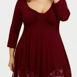 Casual V Neck Jersey Lace Shirt, TOPS, color:Wine Red|size:4X, Noracora