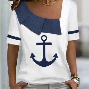 Anchor Pattern Casual Jersey Blouse, Blouses, color:Blue|size:XXL, Noracora