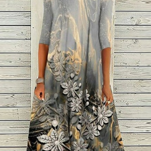 Casual Loose Floral Dress, Midi, color:Gray|size:XXL, Noracora