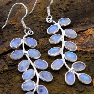 Ethnic Opal Moonstone Leaf Shape Earrings Boho Vintage Jewelry, Earring, color:Silver|size:One-size, Noracora