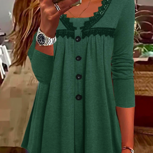 Long Sleeve Plain Jersey Lace Casual Loose Tunic Top, Tops, color:Green|size:XXL, Noracora