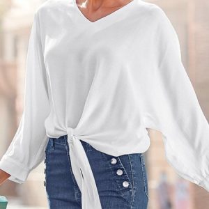 V Neck Cotton Plain Casual Top, Tops, color:White|size:XXL, Noracora