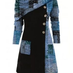 Cowl Neck Casual Cotton Knitting Dress, Short, color:Blue|size:XXL, Noracora