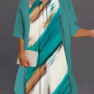 Crew Neck Casual Abstract Graphic Loose Two-Piece Set, SET, color:Blue|size:4X, Noracora