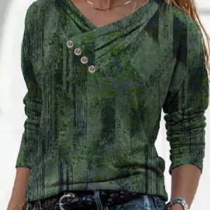 Cotton-Blend Cowl Neck Geometric Vacation Top, Blouses, color:Green|size:3XL, Noracora