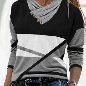 Cowl Neck Long Sleeve Color Block Casual T-shirt, Blouses, color:Multicolor|size:XXL, Noracora