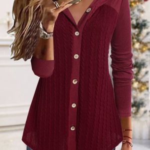 Hoodie Plain Texture Casual Cardigan Coat, Coats, color:Wine Red|size:XXL, Noracora