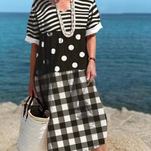 Striped Loose Vacation V Neck Dress, Midi, color:Black-white|size:3XL, Noracora
