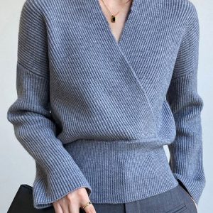Plain Casual Cross Neck Sweater, Sweaters, color:Gray|size:L, Noracora