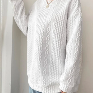 Geometric Loose Crew Neck Drop Shoulder Cable Textured Pullover Sweatshirt, Hoodies & Sweatshirts, color:White|size:XXL, Noracora