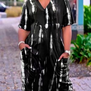 Abstract V Neck Casual Pockets Dress, DRESSES, color:Black|size:4X, Noracora