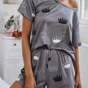 Abstract Casual Loose Crew Neck Two-Piece Set, Sets, color:Gray|size:XL, Noracora