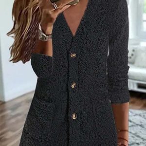 Plain Casual Teddy Jacket, Coats, color:Black|size:XXL, Noracora