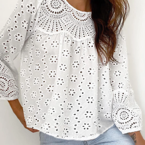 Crew Neck Casual Eyelet Top, Blouses, color:White|size:XXL, Noracora