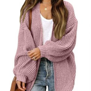 Lantern Sleeve Pocket Oversized Chunky Knitting Cardigan, Cardigans, color:Pink|size:XXL, Noracora