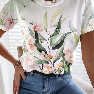Floral Casual Crew Neck Loose T-Shirt, T-shirts, color:Green|size:XXL, Noracora