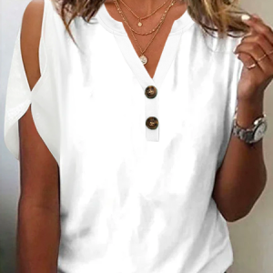 Cold Shoulder Plain Notched Casual Blouse, Blouses, color:White|size:XXL, Noracora