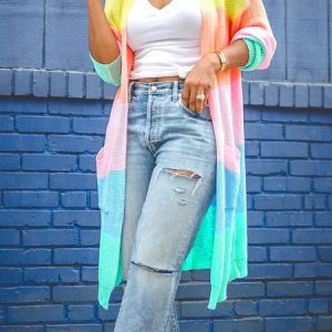 Casual Loose Wrap Color Block Cardigan, Cardigans, color:Multicolor|size:XL, Noracora