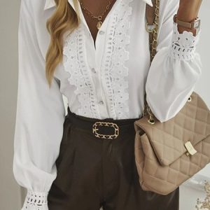 Plain Shawl Collar Patchwork Lace Casual Shirt, Shirts, color:White|size:XXL, Noracora
