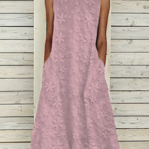 Linen Plain Cotton And Linen Dress, Midi, color:Pink|size:XXL, Noracora
